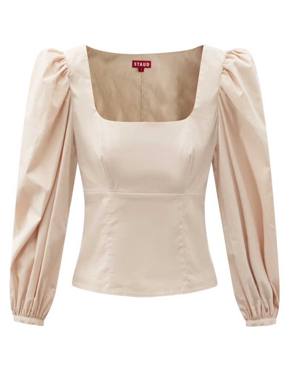 STAUD Lana Beige Puff-Sleeve Square-Neck Top Size 8